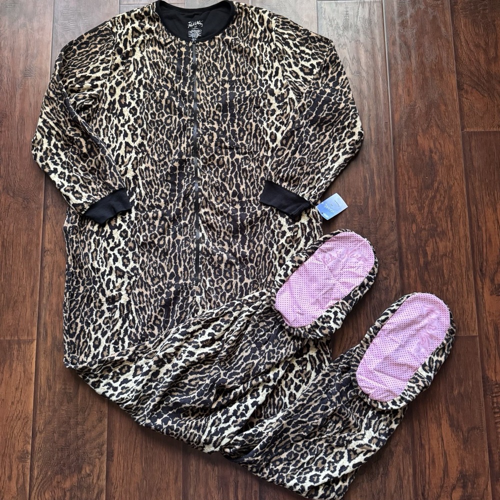 NWT NICK & NORA Footie Pajamas Leopard Print Fleece Womens 2XL Comfy Soft Lounge - Picture 3 of 16